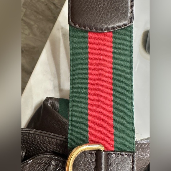 Authentic Gucci Dark Brown Leather Web Shoulder Bag - Picture 14 of 16